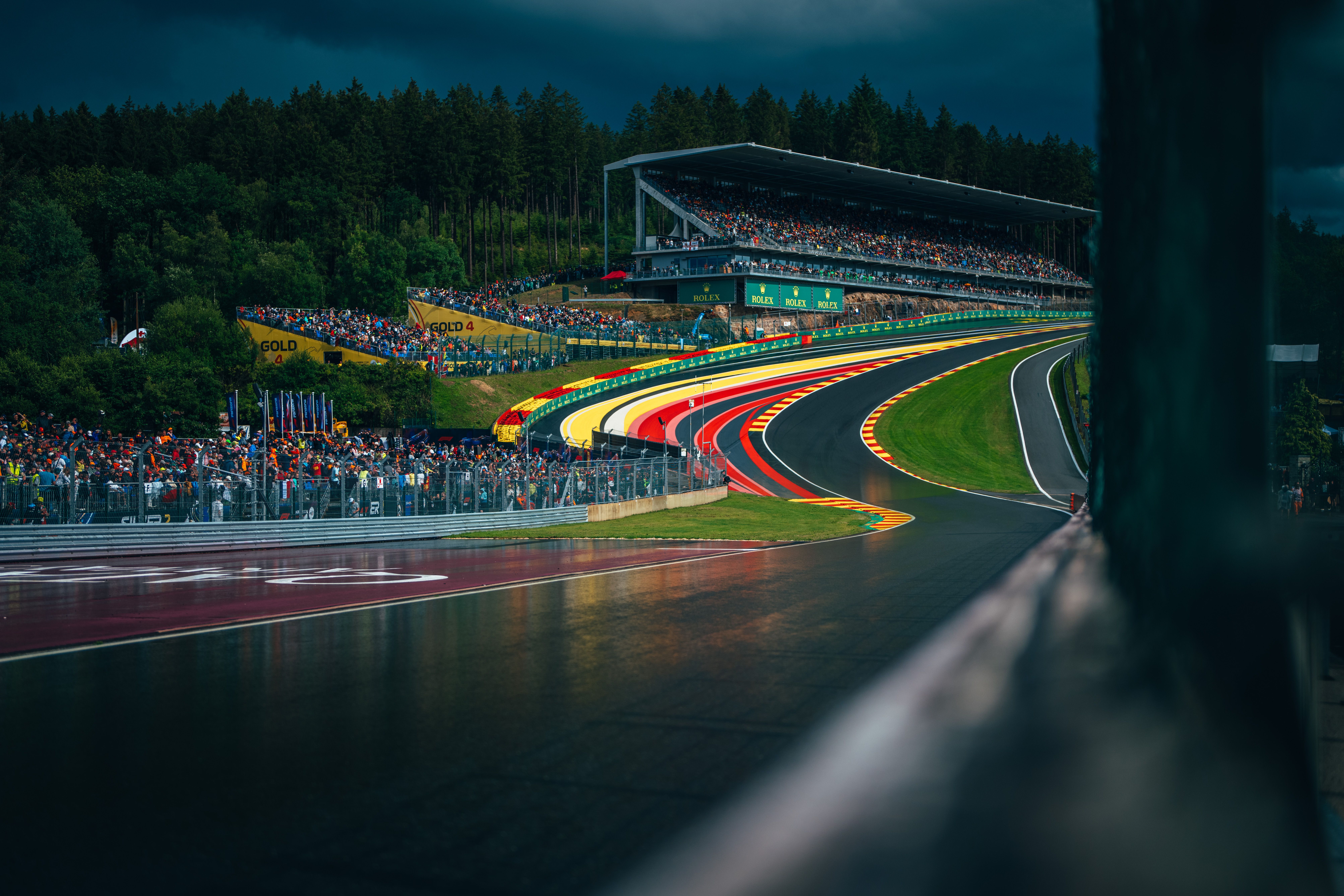 It didn’t stay dry for long. Eau Rouge looks like the river it was named after…