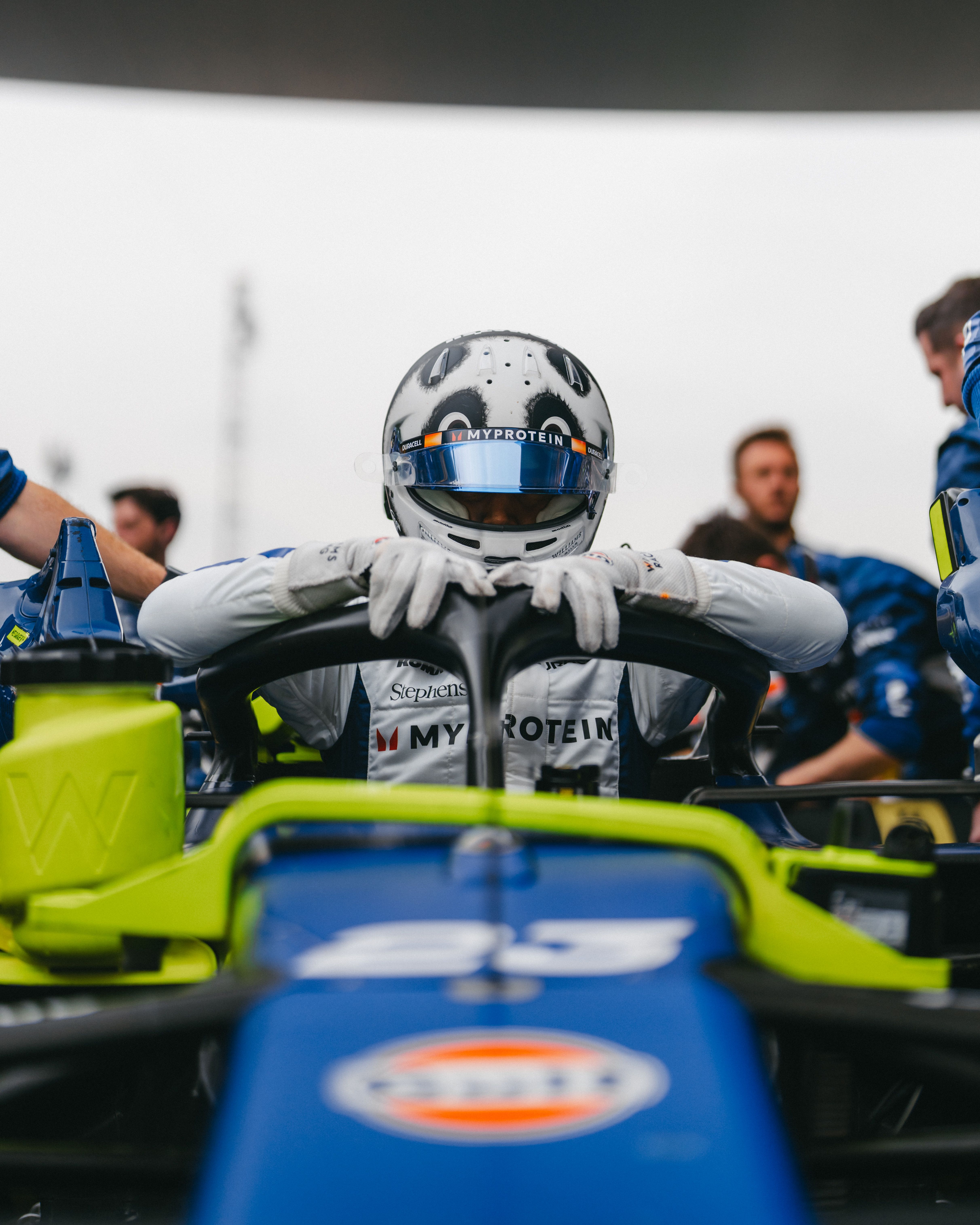 The panda jumps in the cockpit.