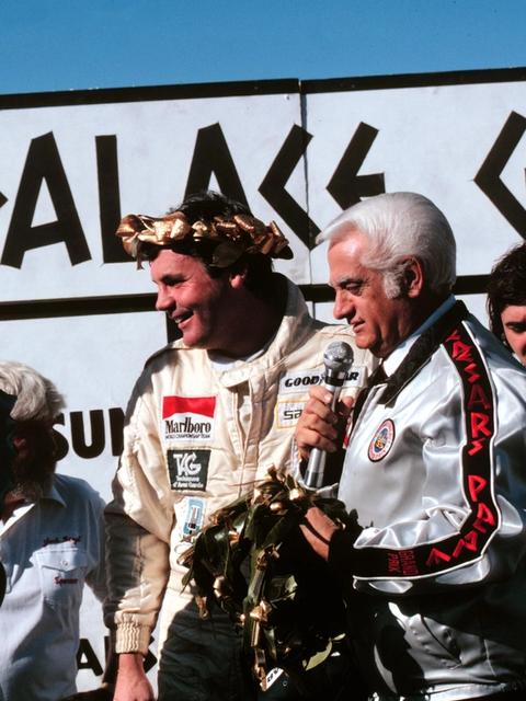 Alan Jones on the top step following the Caesar’s Palace Grand Prix in Las Vegas – 1981