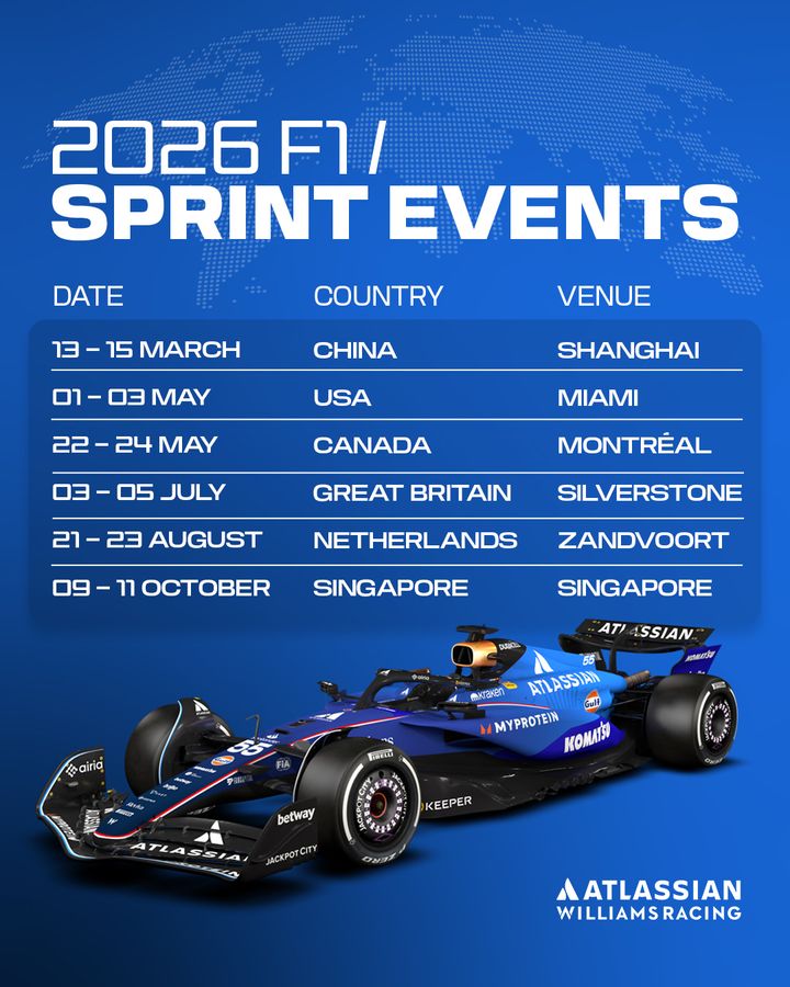 The calendar for the 2026 F1 Sprint weekends - Shanghai, Miami, Montreal, Silverstone, Zandvoort, Singapore
