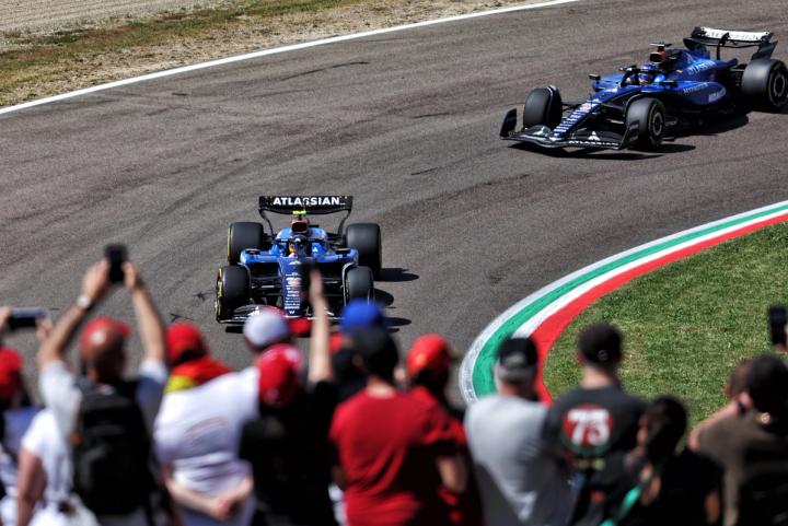 Carlos Sainz and Alex Albon driving the Atlassian Williams Racing FW47 at Imola, 2025