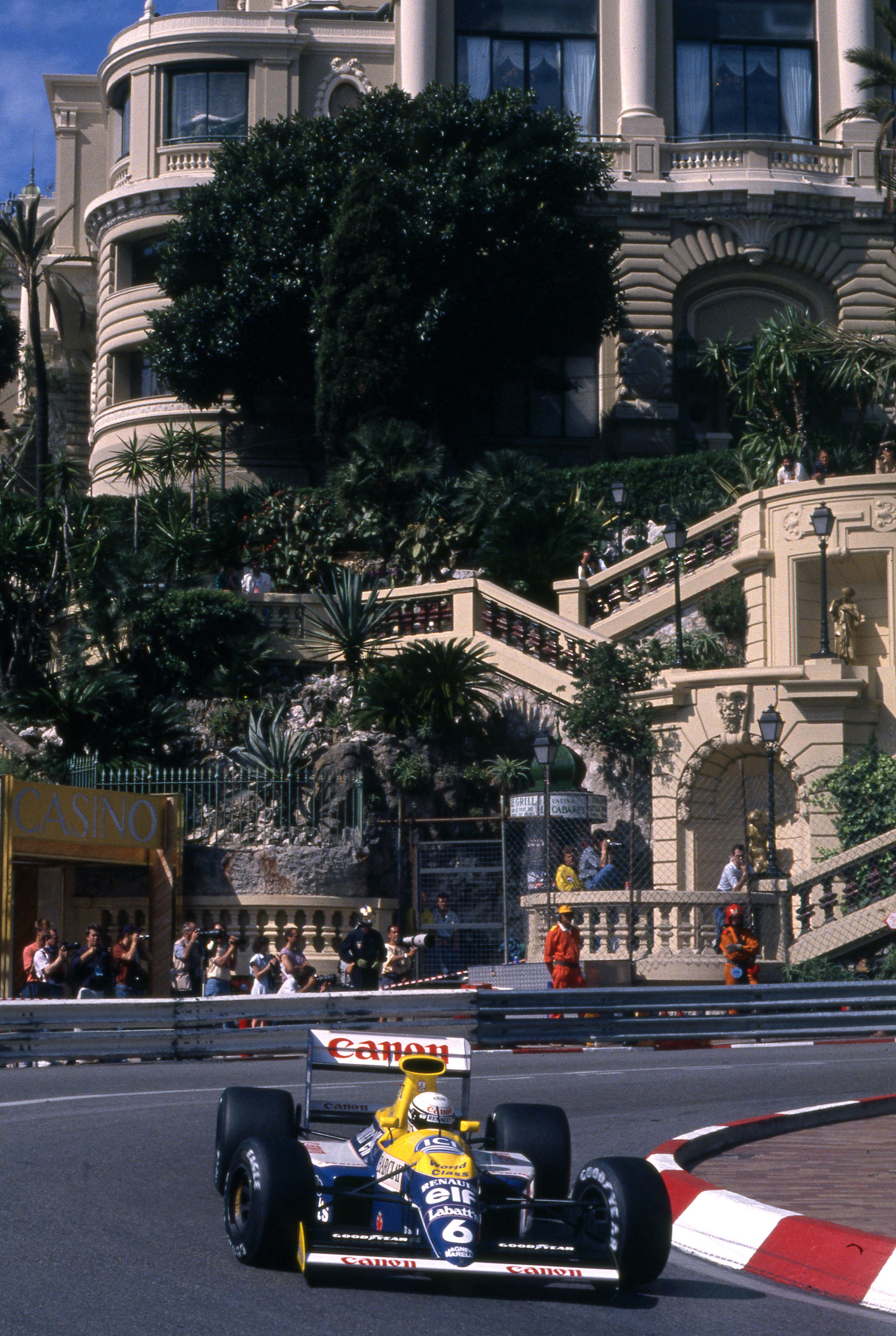 Riccardo Patrese rounds the Hotel Hairpin in his FW13B.