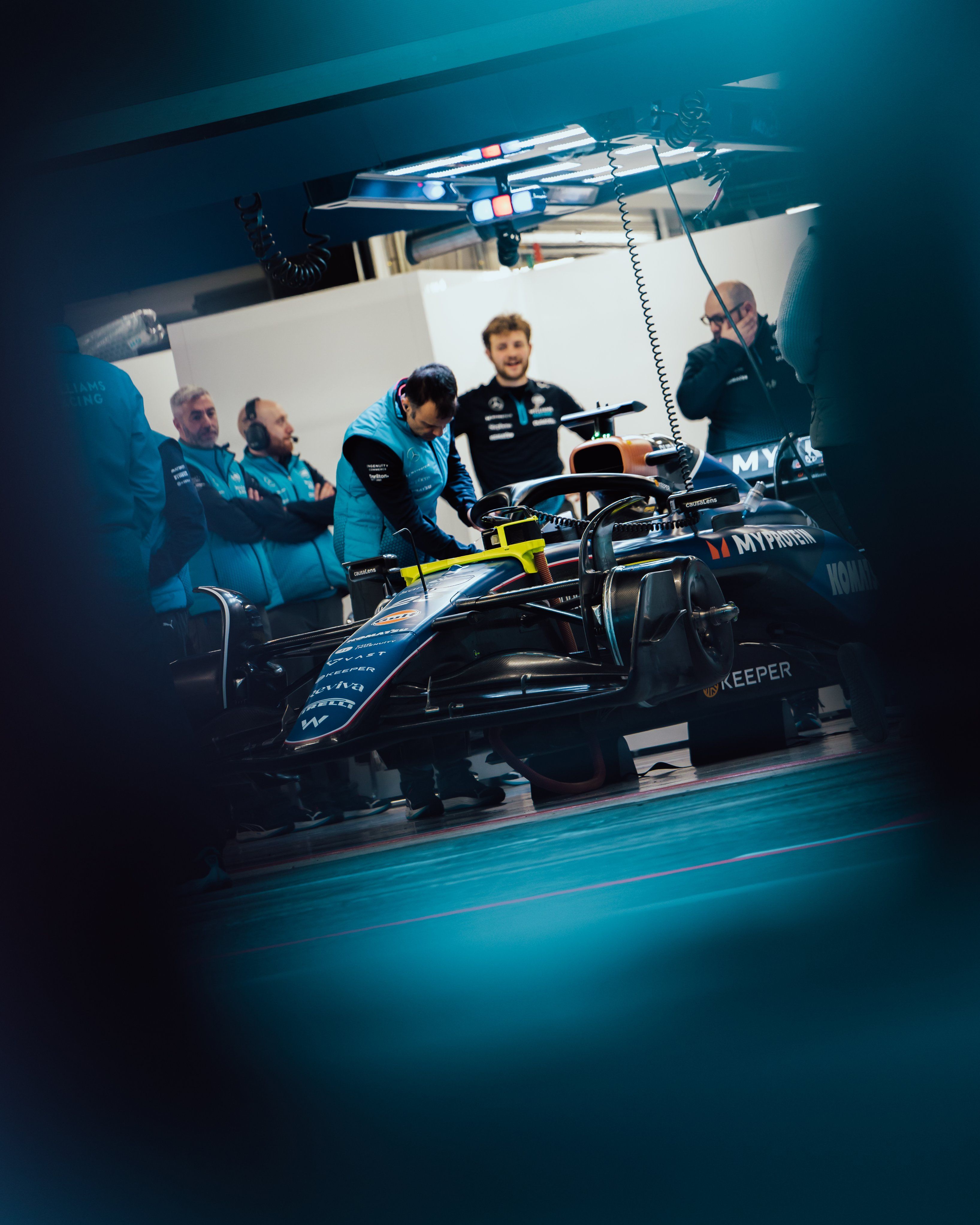 Getting the FW45 warmed up on a chilly morning at the Circuit de Barcelona-Catalunya.