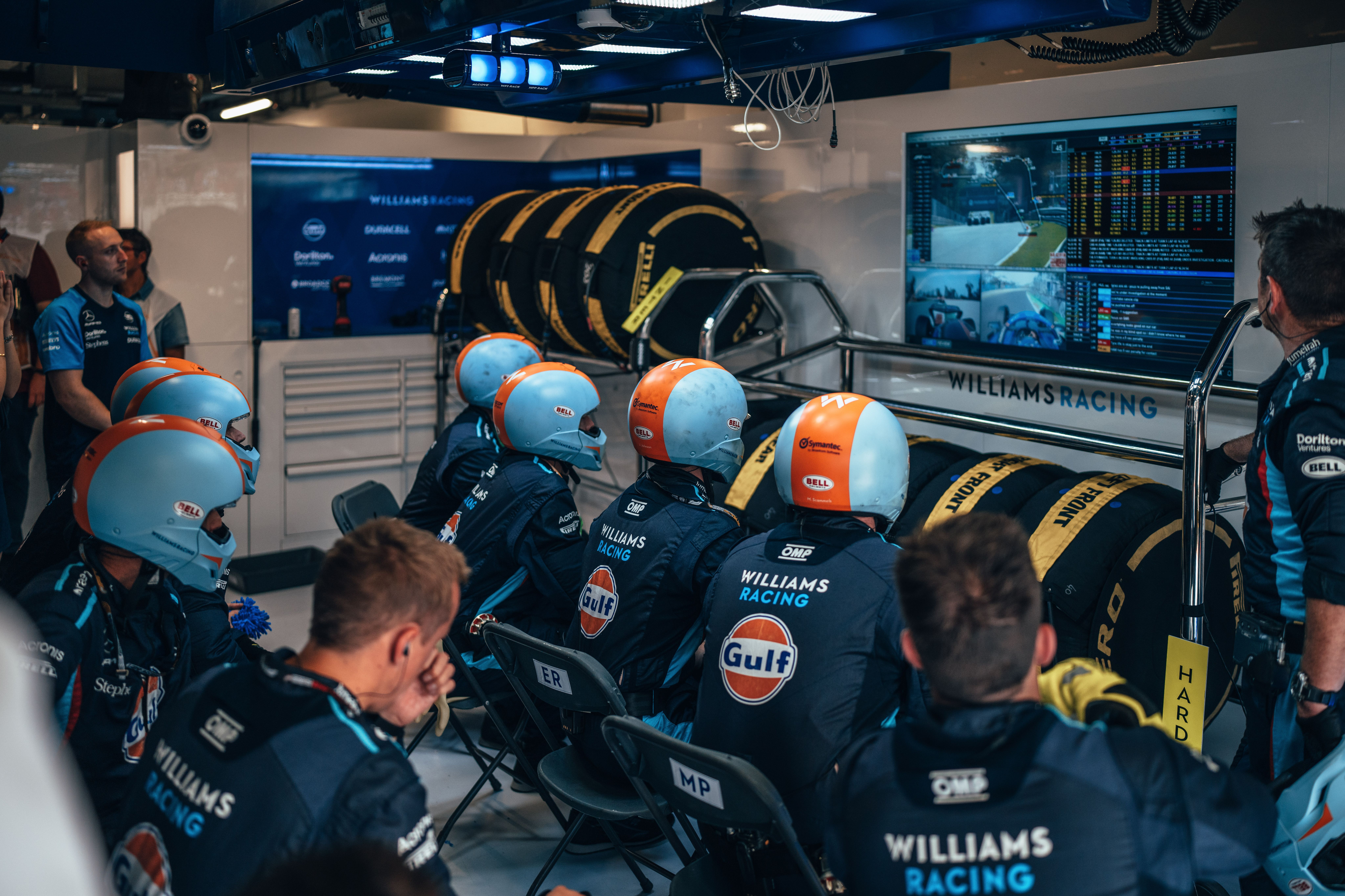 The pit crew settle in for a day where Williams Racing enjoyed plenty of screentime.