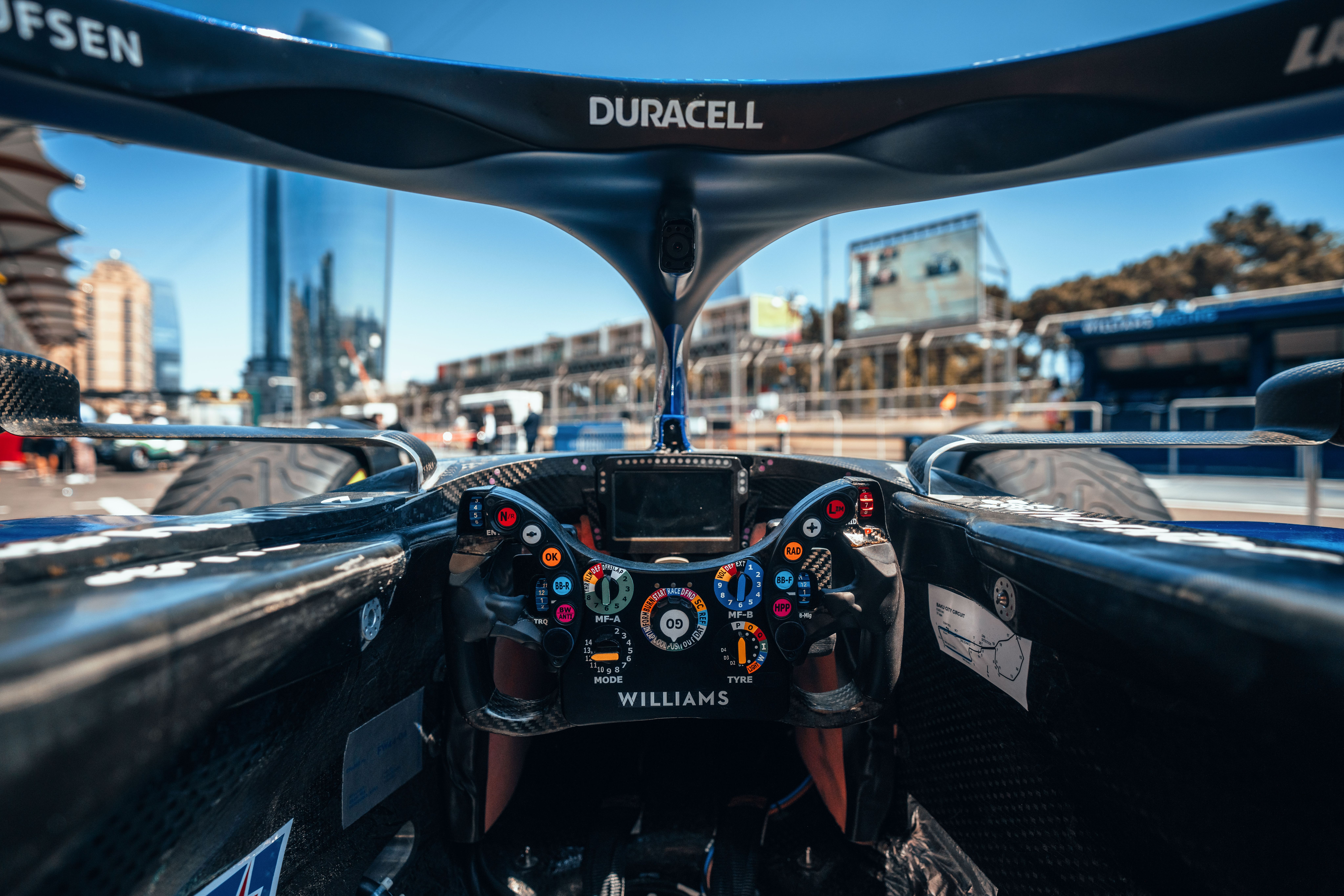 Inside the cockpit of our FW44 in Baku, 2022.