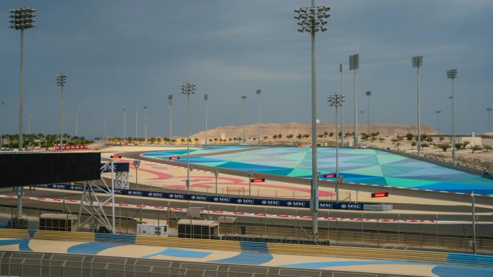 Photo of the infield section of track at the Bahrain International Circuit taken from a grandstand