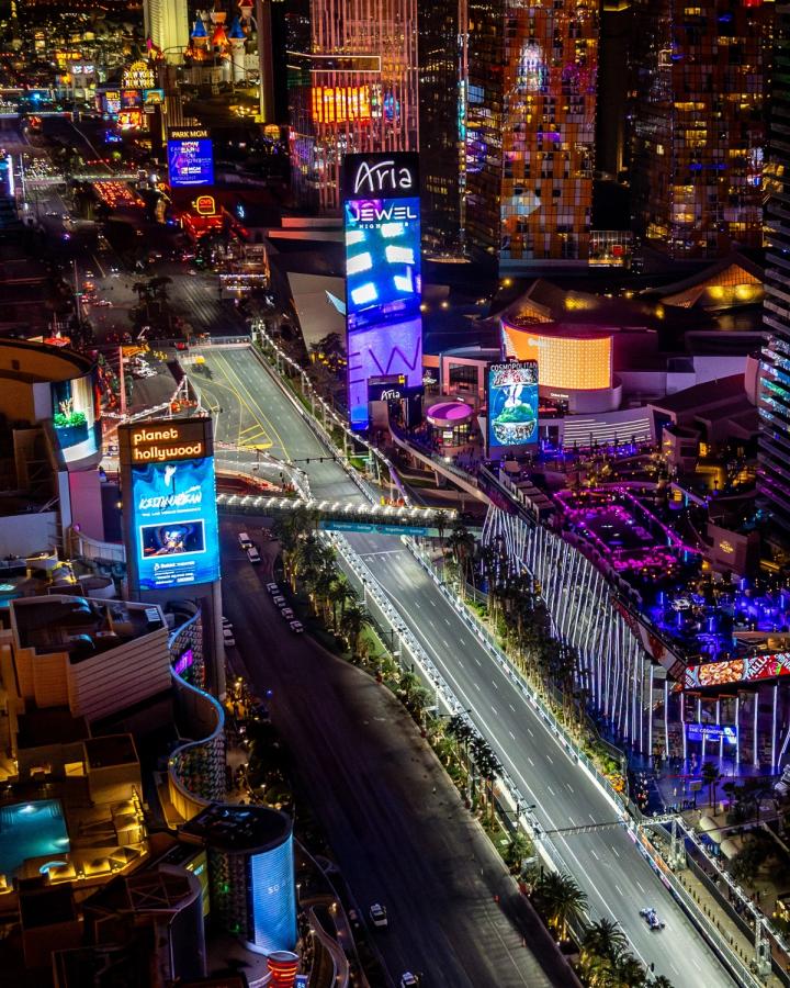 The New York-New York (top left) is just south of the circuit's 14th turn...