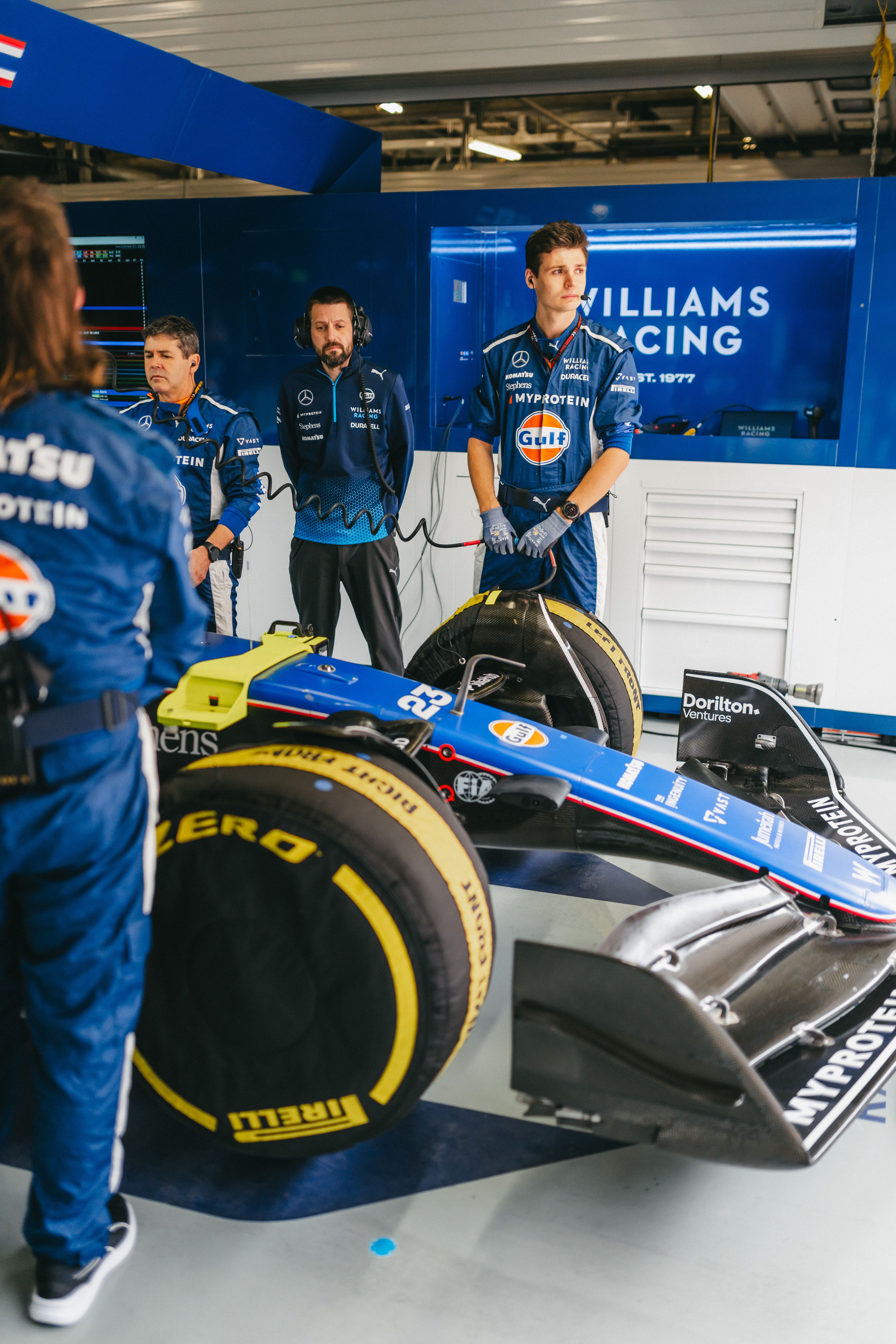 Alex's car sits ready and waiting to leave the garage.