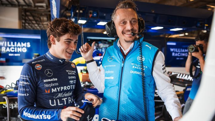 Franco Colapinto with Gaetan Jego in the Williams Racing Garage