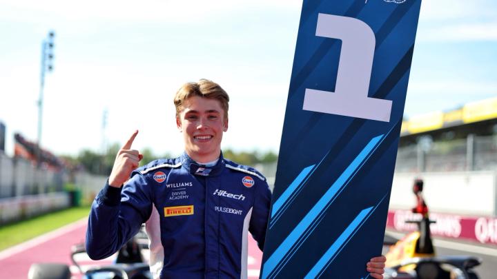 Luke Browning celebrates his first Formula 2 victory in Monza
