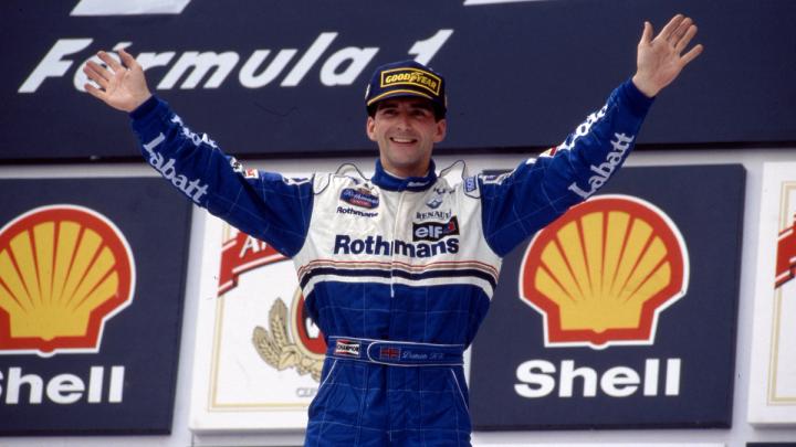 Damon Hill celebrates victory at the 1996 Brazilian Grand Prix 