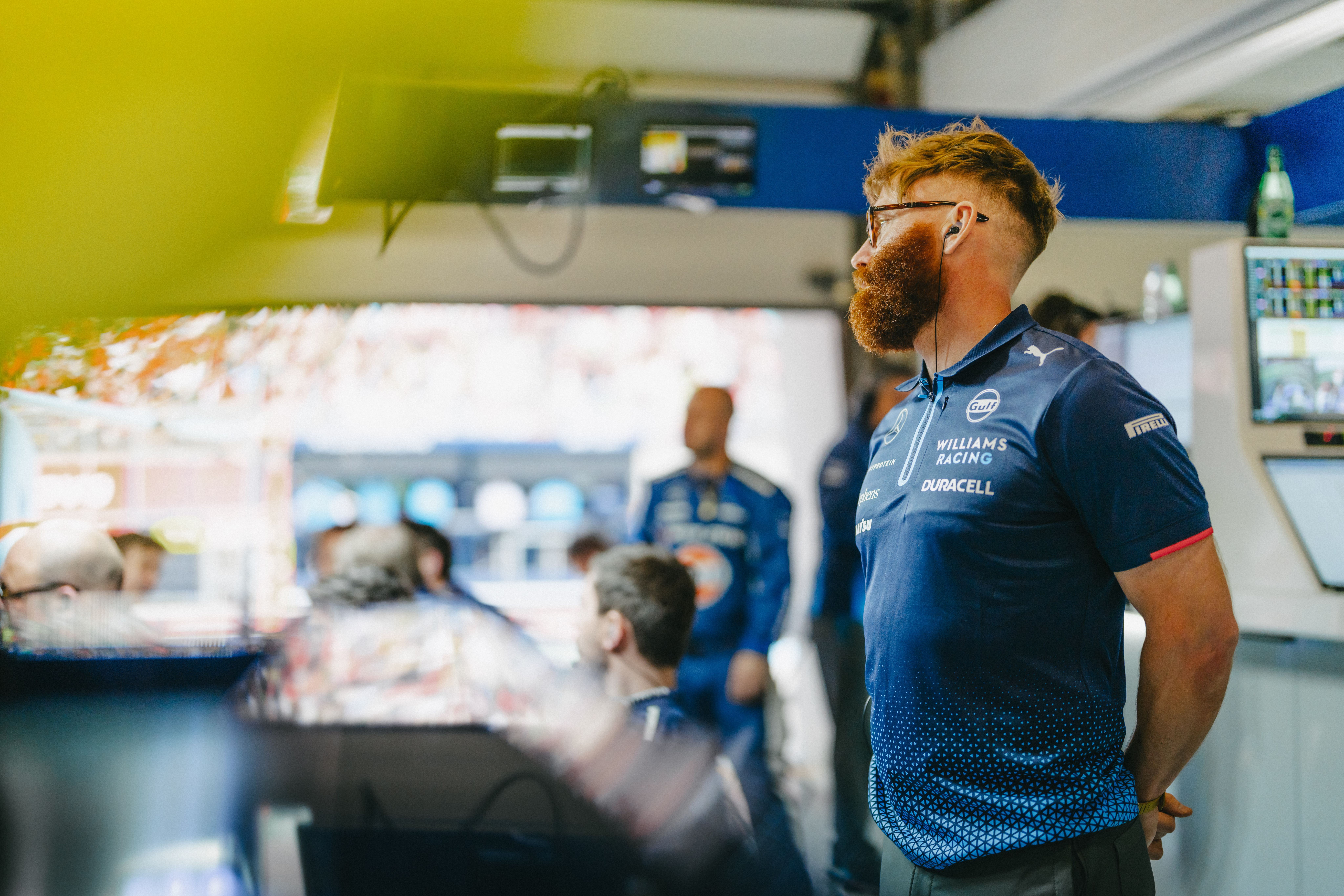 Eyes on the TV for Patrick in the garage.
