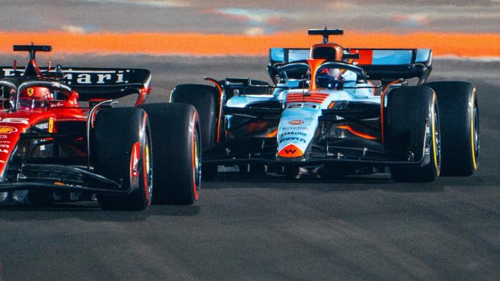 Alex Albon, Williams Racing, chases down Charles Leclerc, Ferrari, in the 2023 Qatar Grand Prix F1 Sprint