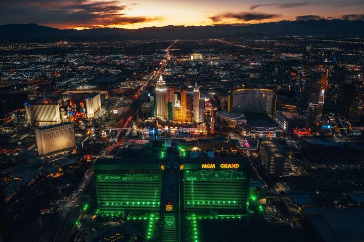 Aerial shot of Las Vegas skyline, night. 