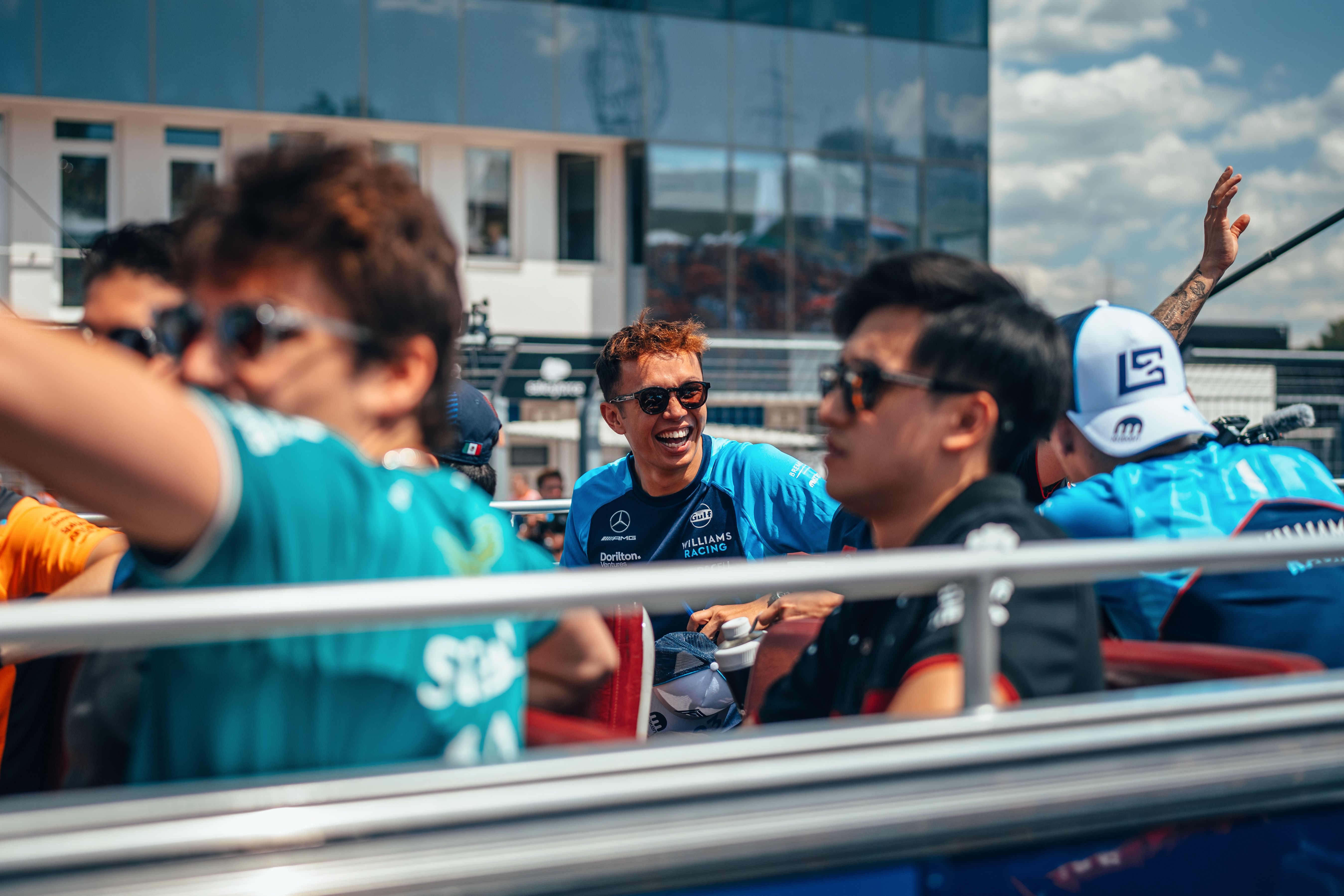 Alex and Logan share a joke on the drivers’ parade before lights out.