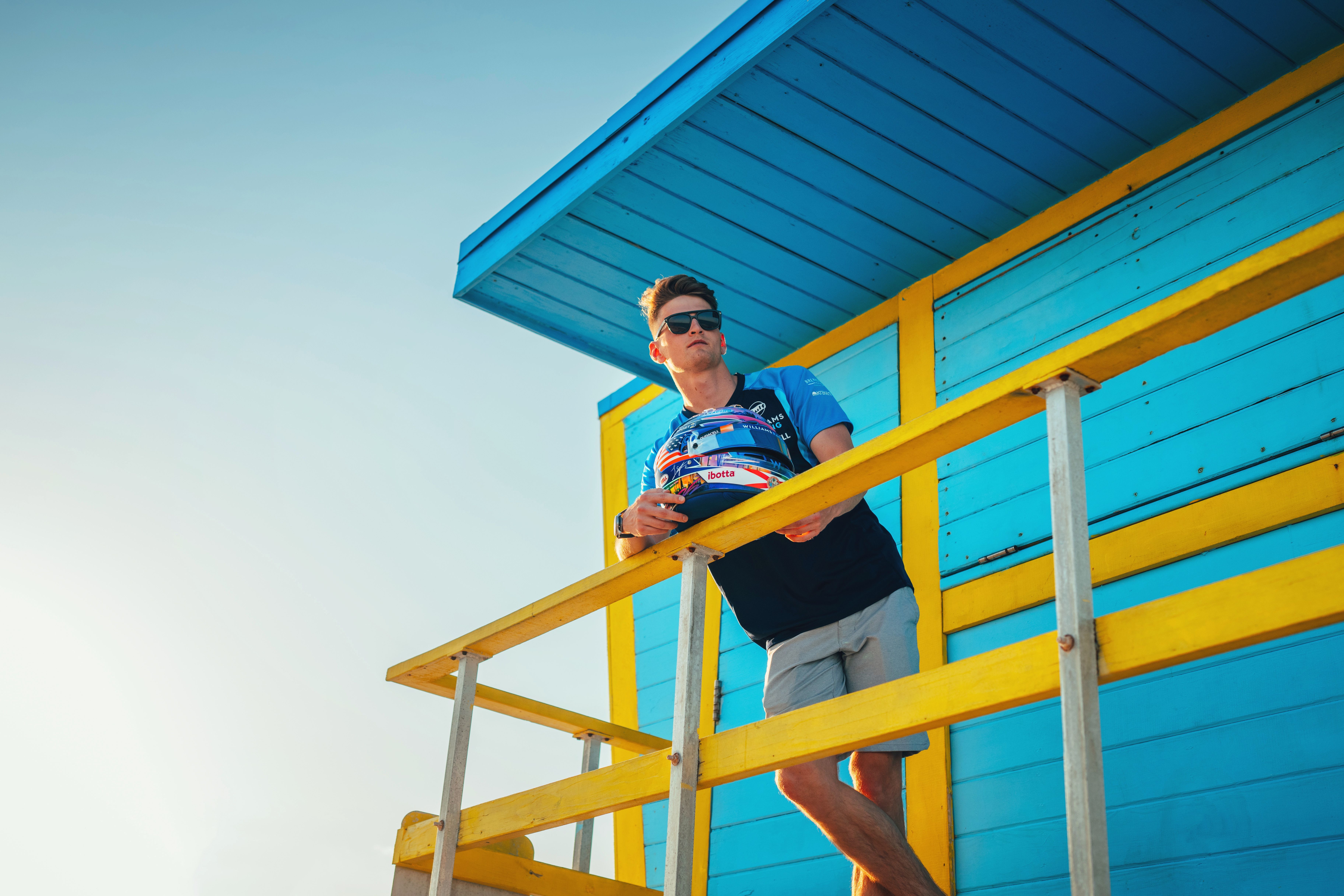 Logan headed to one of Miami’s iconic lifeguard towers to unveil his home race helmet.