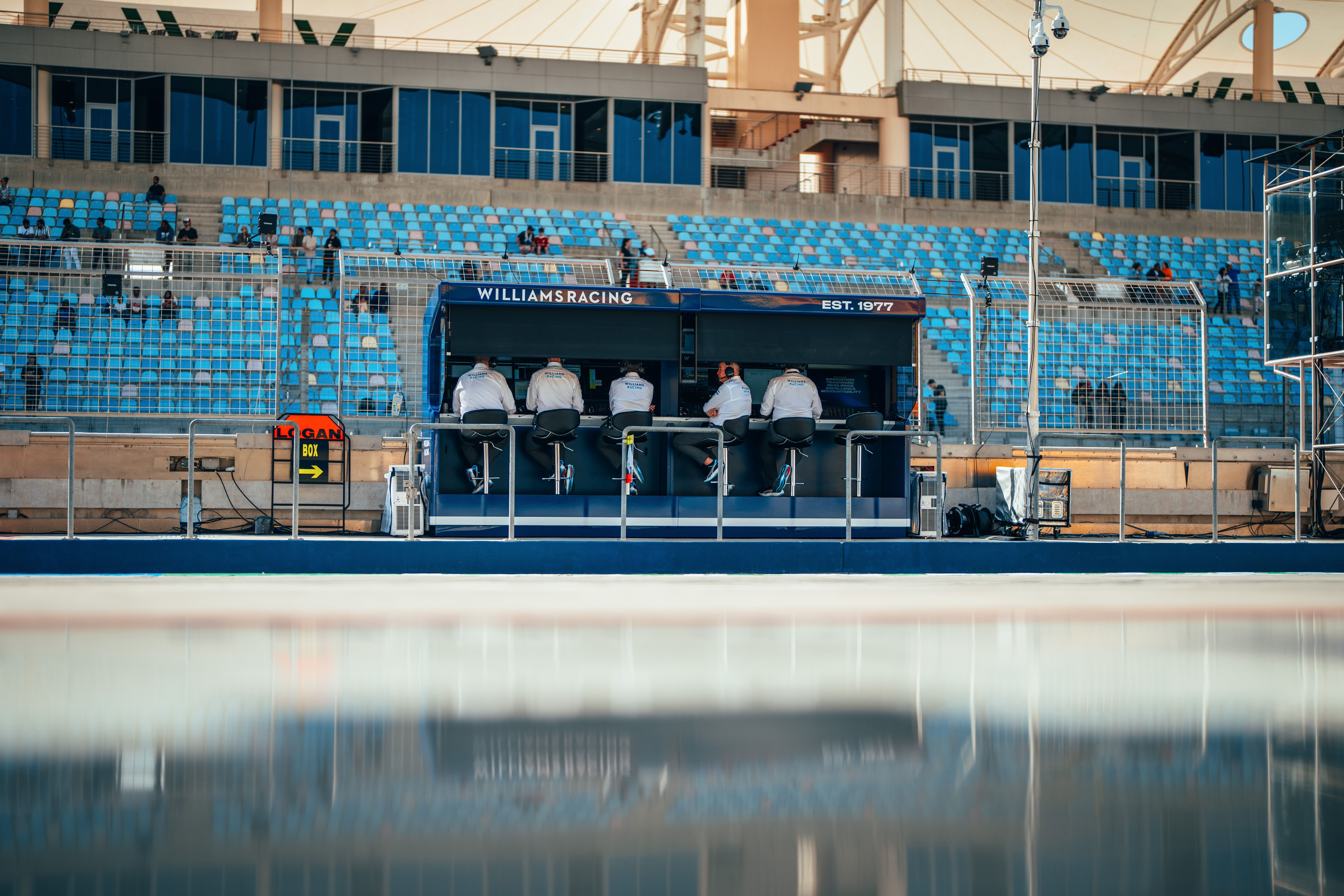 Crunching the numbers on pit wall.