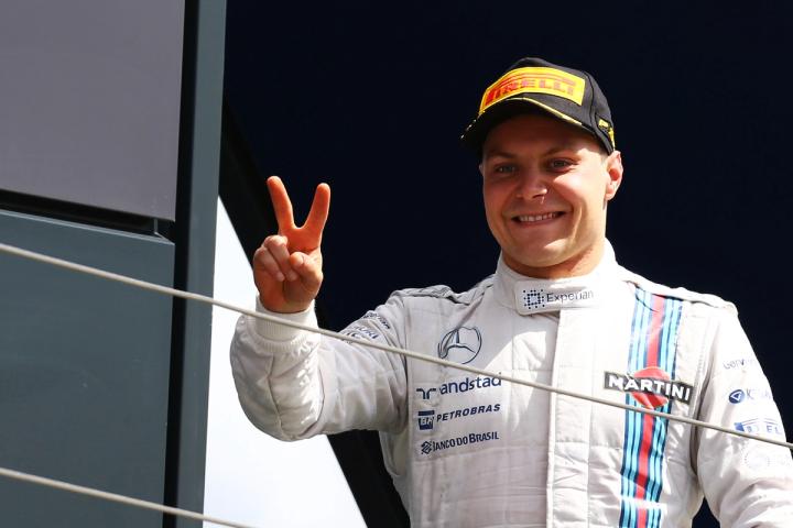 Valtteri Bottas celebrates his P2 finish for Williams Racing Formula 1 team at the 2014 British Grand Prix