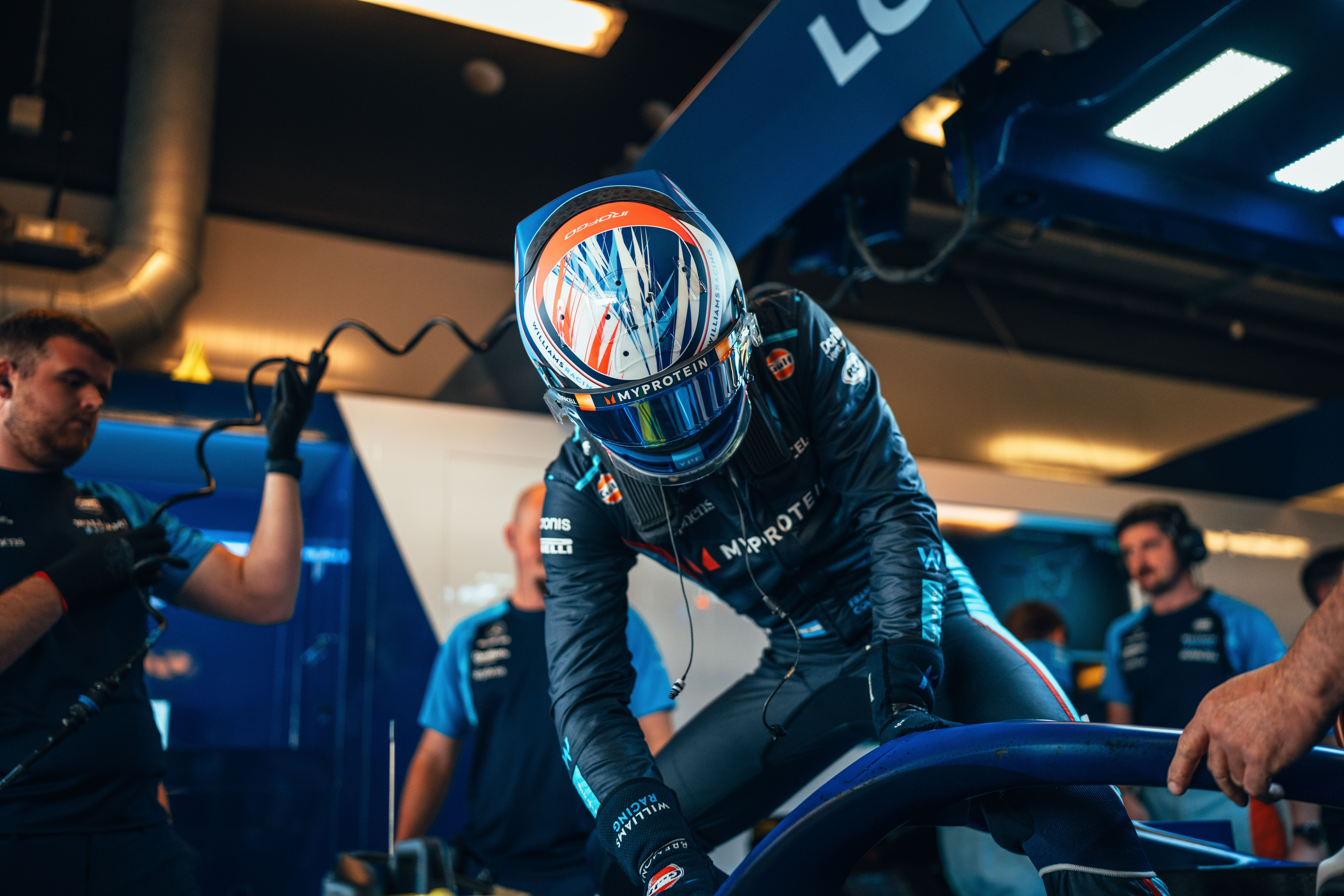 Jumping in the FW45 for testing at Yas Marina Circuit.