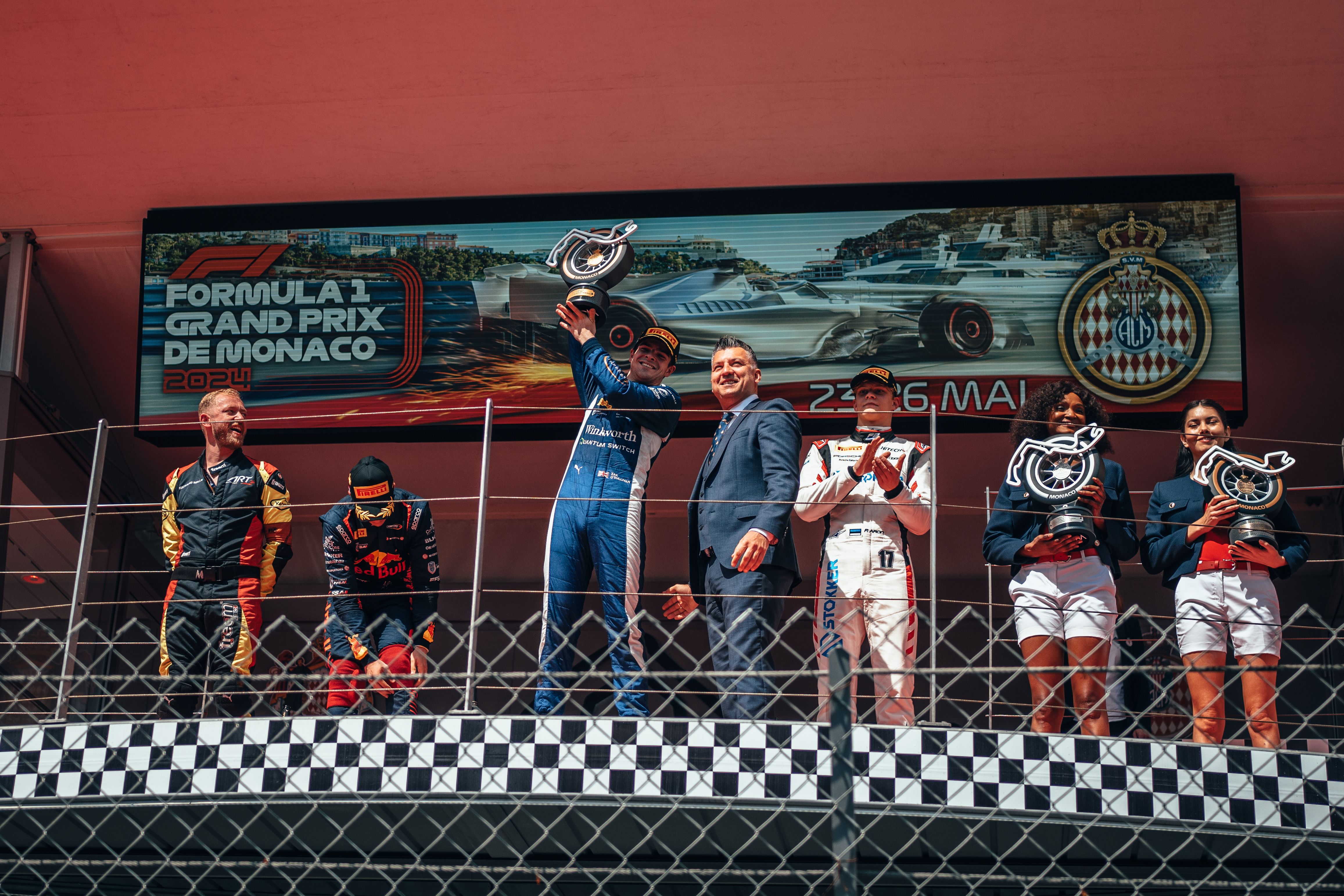 Zak O'Sullivan celebrates his sensational win in one of F2's most memorable Monaco races