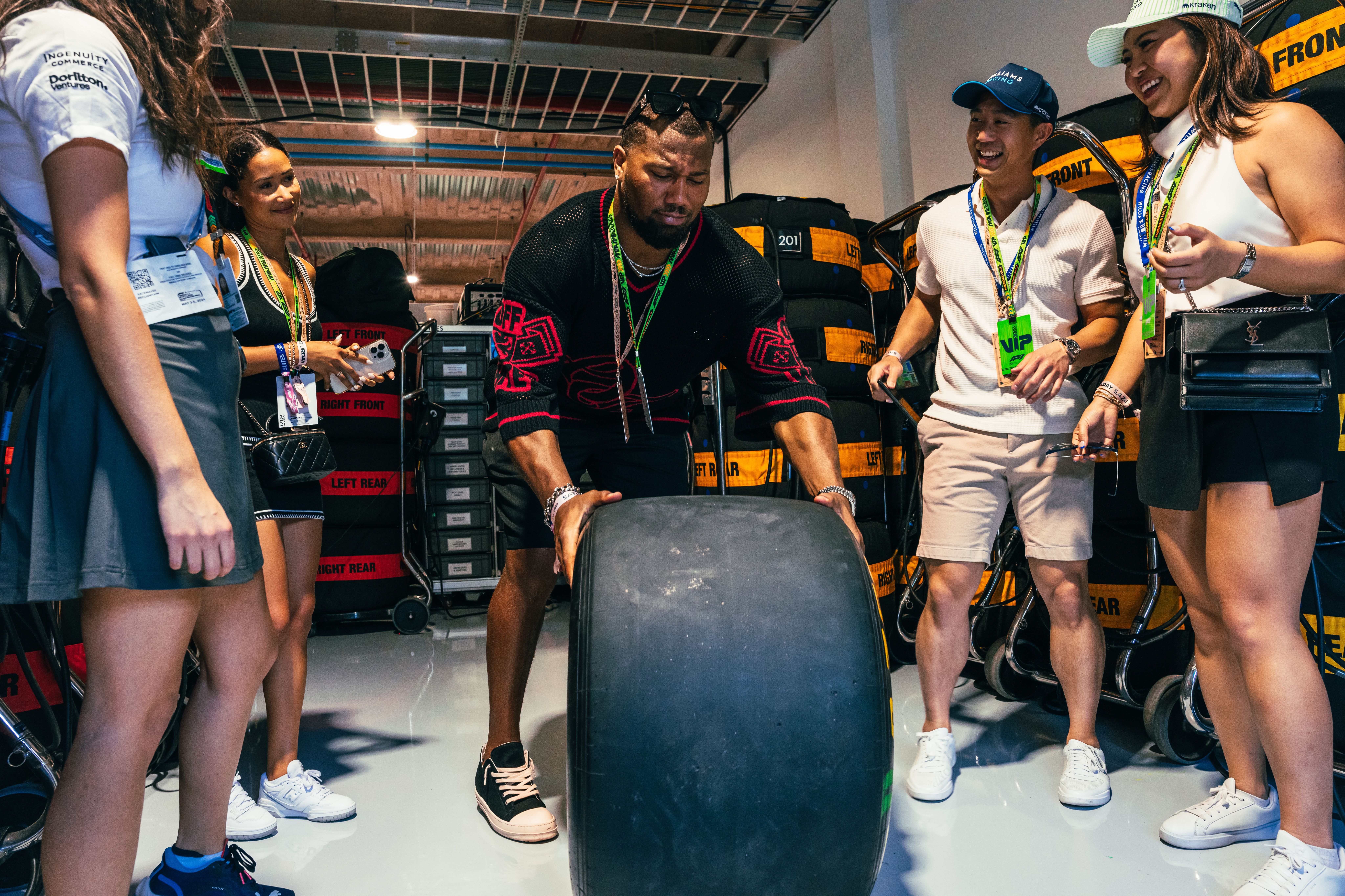NFL star Bradley Chubb tests out a Pirelli tyre.