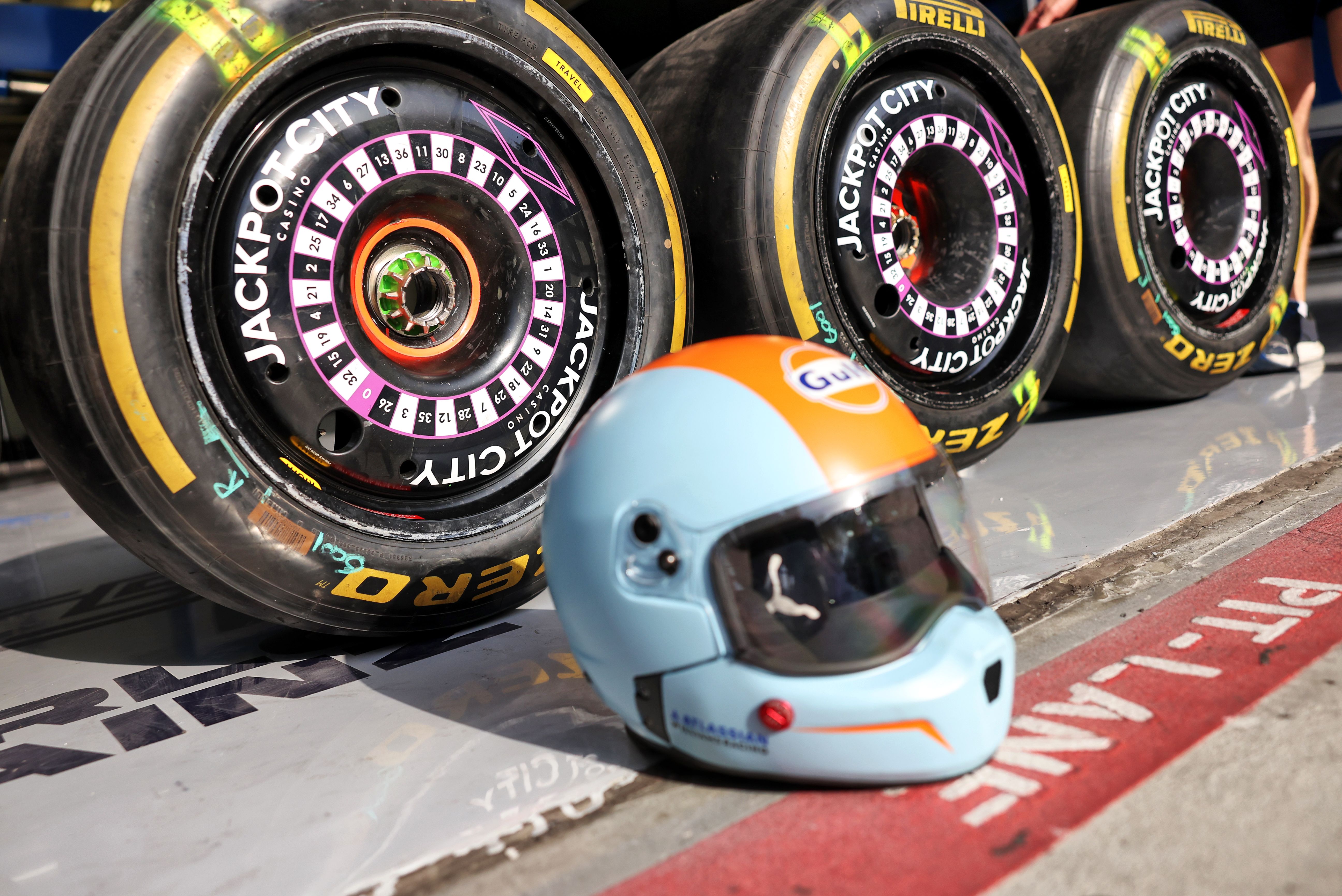 One of our pit crew helmets enjoy the sun