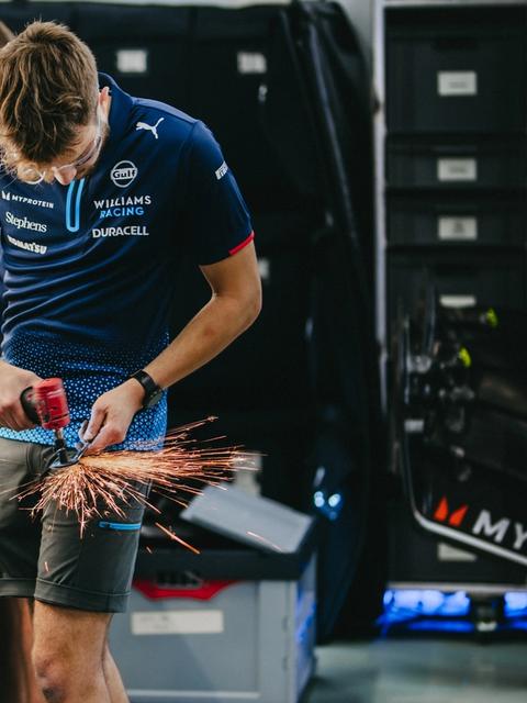 Sparks fly in the garage.