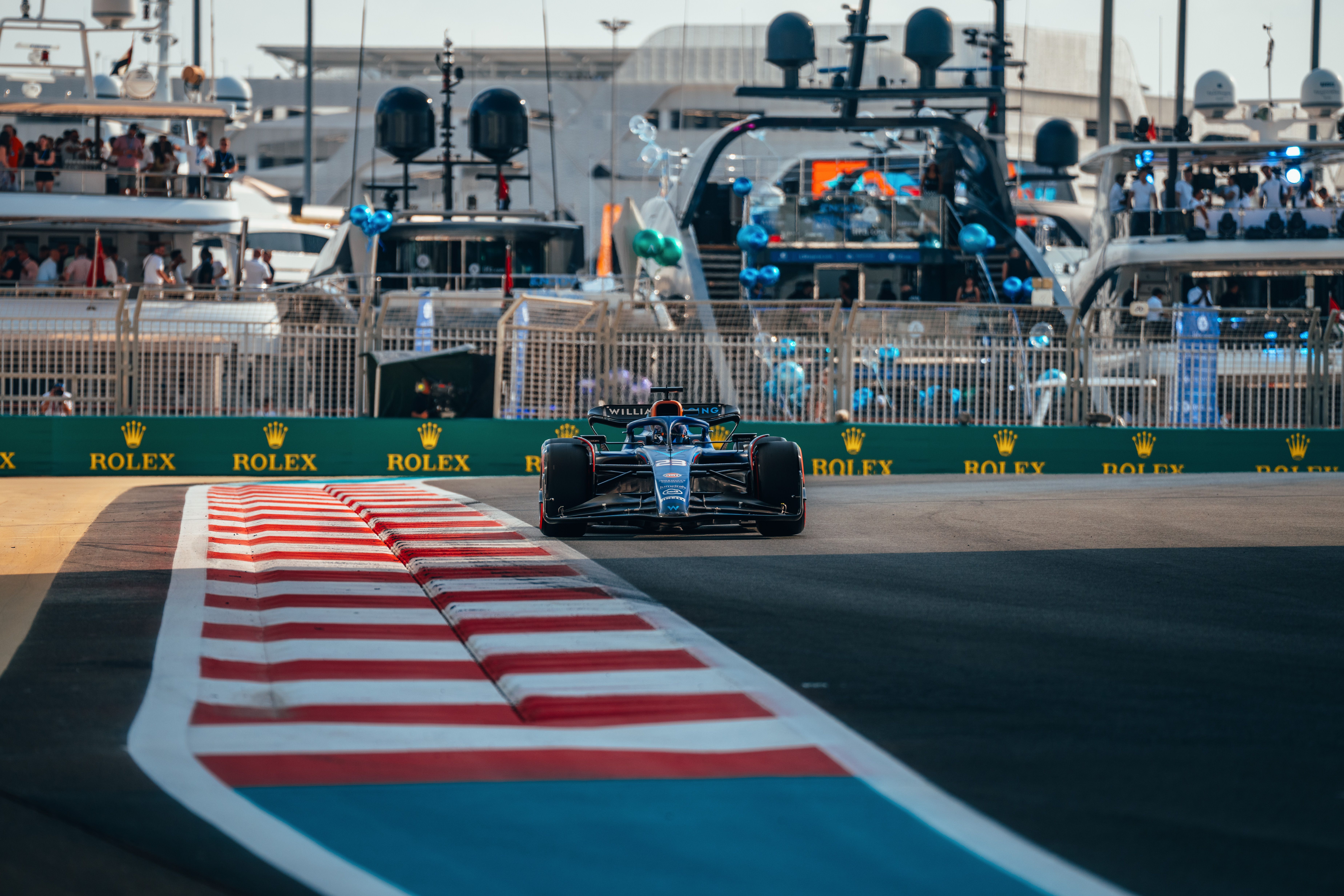 Alex tackles Sector 3 in front of the moored yachts at Yas Marina.